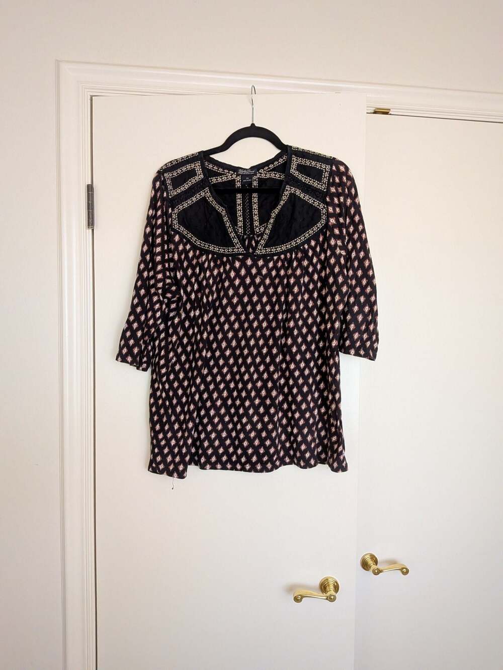 Lucky Brand Embroidered V-Neck Geometric Print Popover Tunic Top Size 2X